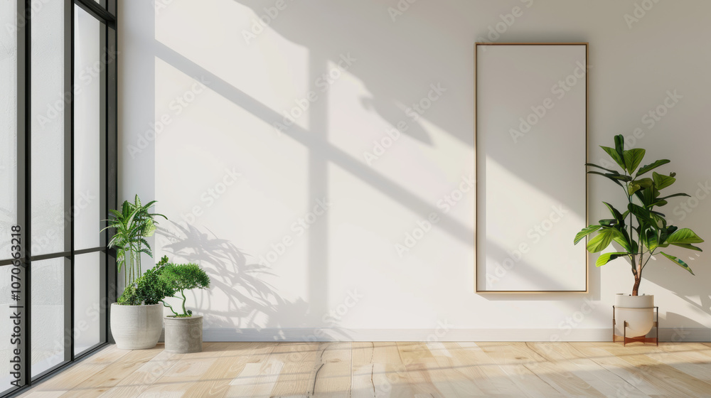 A white room with a large empty wall and a potted plant on the right A white room with a large empty wall and a potted plant on the right