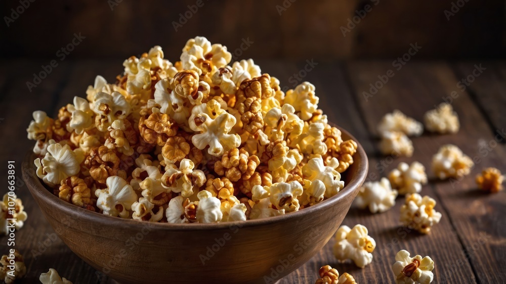 A bowl of popcorn on a wooden surface, perfect for snacking during movies. A bowl of popcorn on a wooden surface, perfect for snacking during movies.