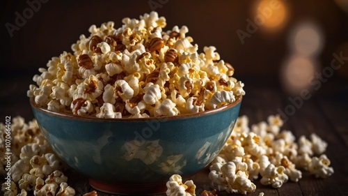 A bowl overflowing with popcorn, perfect for snacking during movies or gatherings.