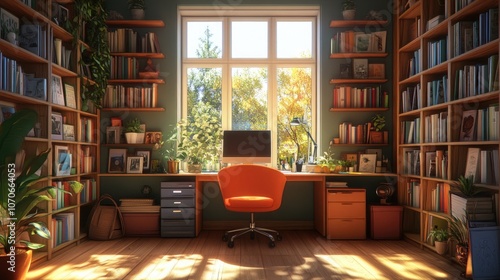 Home Office Interior with Sunlit Window, Shelves of Books, and Vibrant Plants – A Cozy, Organized Workspace for Remote Work and Creativity