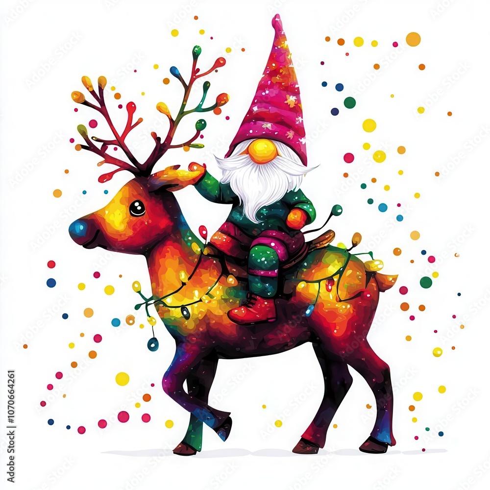 Naklejka premium A colorful gnome rides a vibrant reindeer adorned with lights, set against a backdrop of festive confetti and whimsical extravagance.