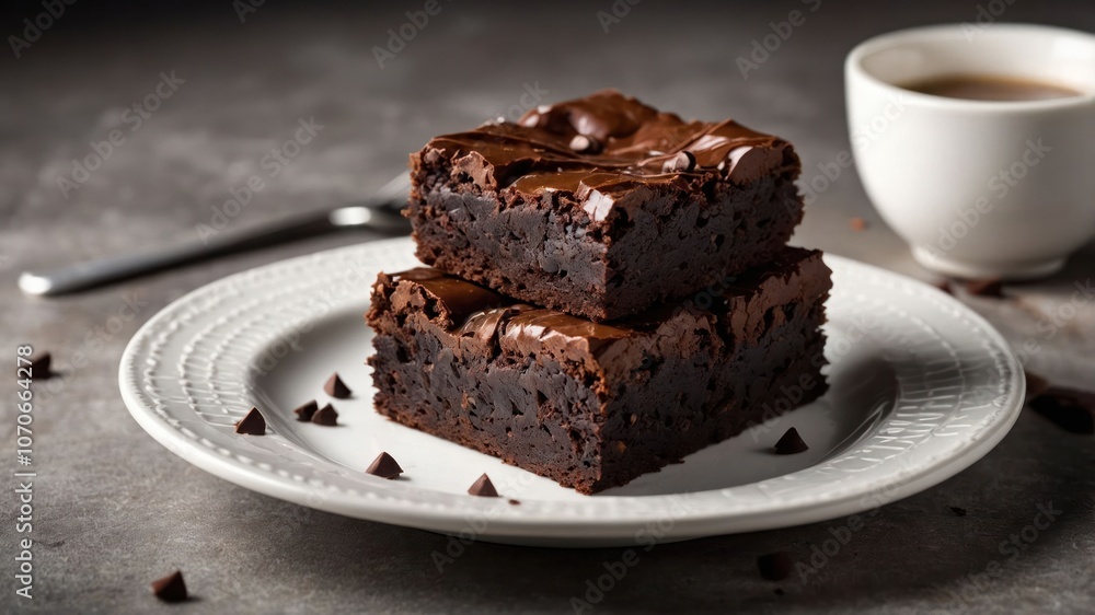 Two rich chocolate brownies stacked on a plate, accompanied by a cup of coffee. Two rich chocolate brownies stacked on a plate, accompanied by a cup of coffee.