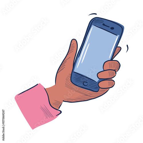 Podcast application in flat design. Listener hand holding mobile phone. Vector illustration isolated.