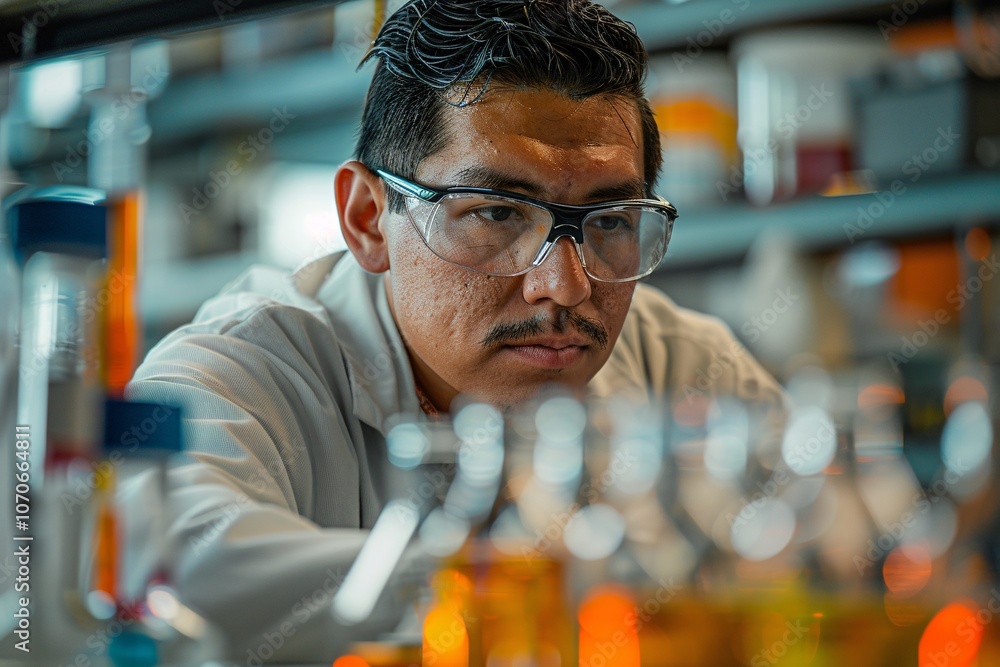 A researcher in a lab coat examines various glass vials filled with colorful liquids. Wearing protective eyewear, he focuses intently on the experiments taking place around him A researcher in a lab coat examines various glass vials filled with colorful liquids. Wearing protective eyewear, he focuses intently on the experiments taking place around him
