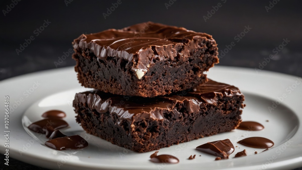 Two decadent chocolate brownies with a glossy frosting on a white plate. Two decadent chocolate brownies with a glossy frosting on a white plate.