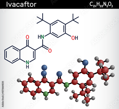 Ivacaftor molecule. Used for treatment of cystic fibrosis. Structural chemical formula, molecule model. Vector