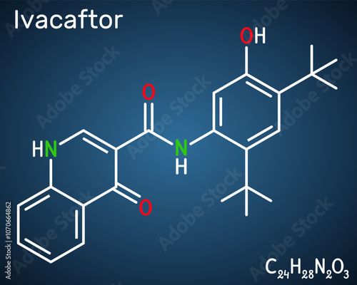 Ivacaftor molecule. Used for treatment of cystic fibrosis. Structural chemical formula, dark blue background. Vector
