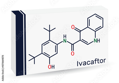 Ivacaftor molecule. Used for treatment of cystic fibrosis. Skeletal chemical formula. Paper packaging for drugs. Vector