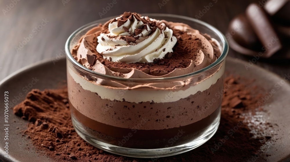 A delicious layered chocolate dessert topped with whipped cream and chocolate shavings. A delicious layered chocolate dessert topped with whipped cream and chocolate shavings.
