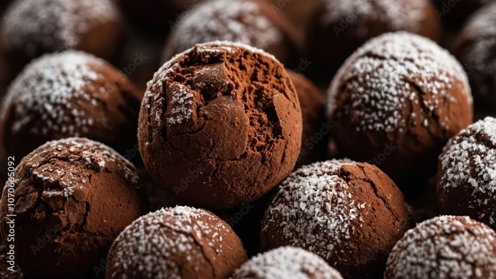 A close-up of chocolate truffles dusted with powdered sugar, showcasing a delicious dessert. A close-up of chocolate truffles dusted with powdered sugar, showcasing a delicious dessert.