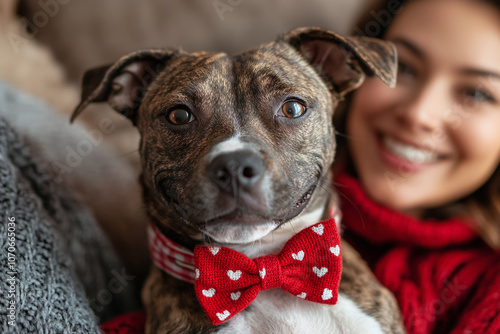 pet owners dressing up their dog with a cute Valentines bow tie. photo