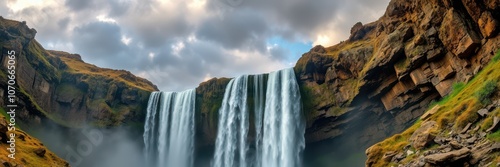 A powerful waterfall cascades down a rocky cliff in Iceland on a cloudy day