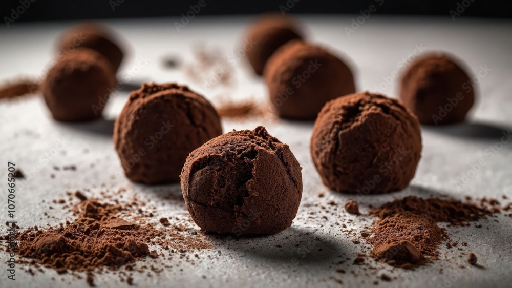 A close-up of chocolate truffles dusted with cocoa powder, showcasing a delicious dessert. A close-up of chocolate truffles dusted with cocoa powder, showcasing a delicious dessert.
