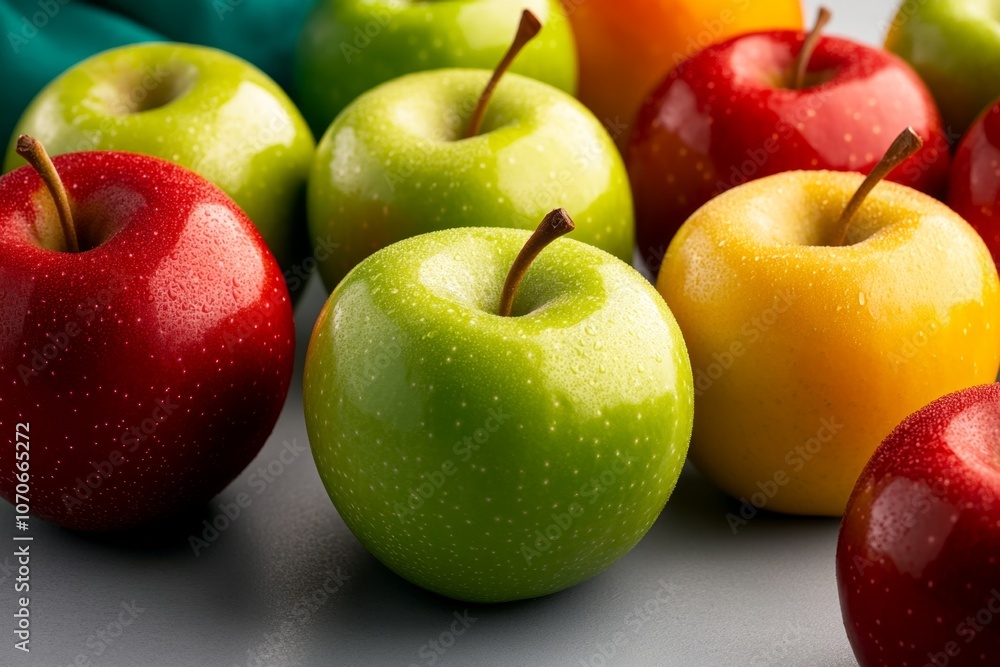 Illustration of multiple apples in different colors—red, green, and yellow—on a plain white surface Illustration of multiple apples in different colors—red, green, and yellow—on a plain white surface