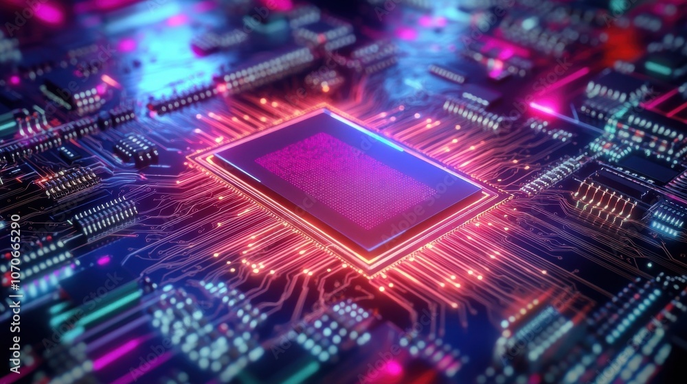 A vibrant close-up of a microchip surrounded by glowing circuits and connections, showcasing a futuristic technology theme. A vibrant close-up of a microchip surrounded by glowing circuits and connections, showcasing a futuristic technology theme.