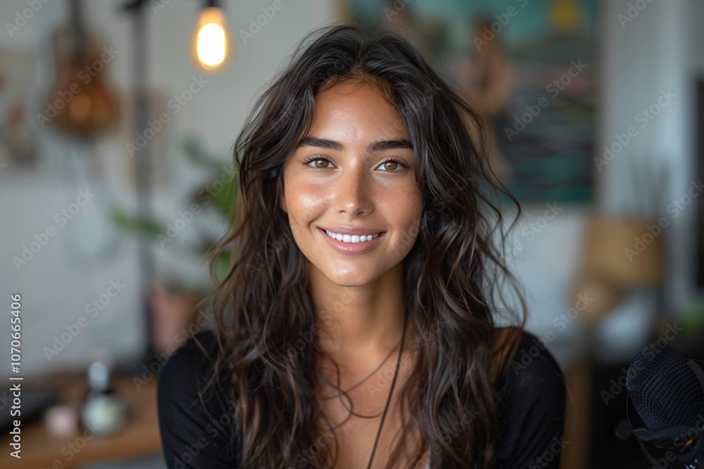 A young woman with long, wavy hair smiles brightly in a cozy indoor space adorned with warm lighting and artistic decor. Her friendly expression creates a welcoming atmosphere A young woman with long, wavy hair smiles brightly in a cozy indoor space adorned with warm lighting and artistic decor. Her friendly expression creates a welcoming atmosphere
