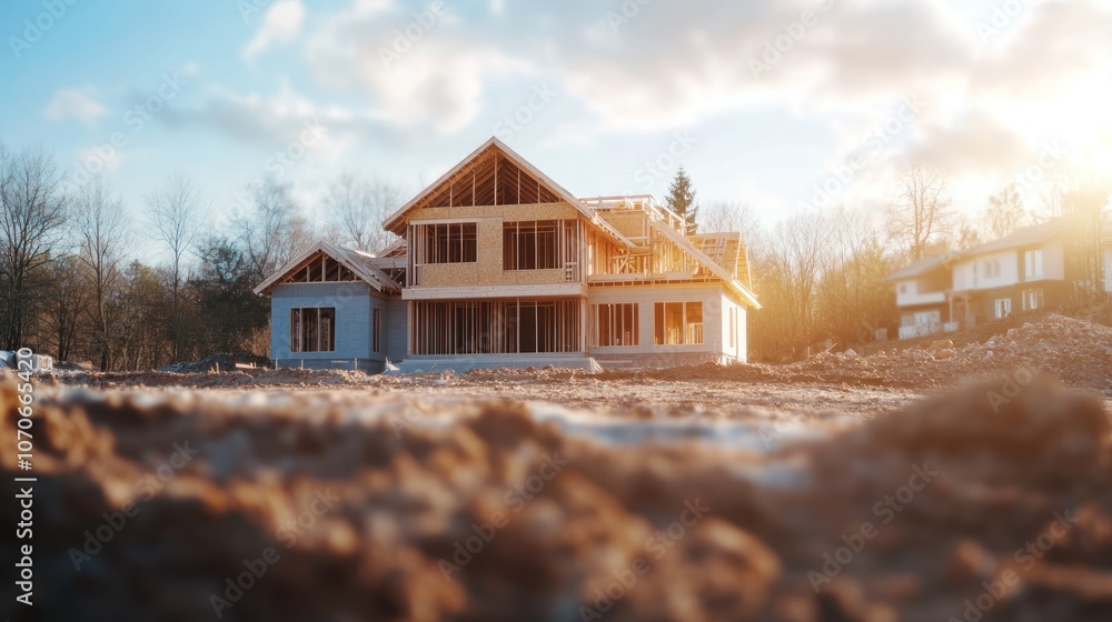 Construction of a new home in a suburban neighborhood Construction of a new home in a suburban neighborhood