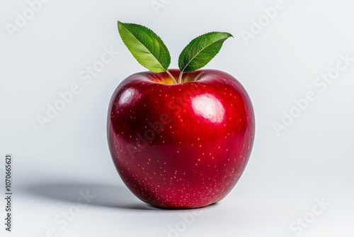 Minimalist illustration of a single red apple with a green leaf on a plain white background