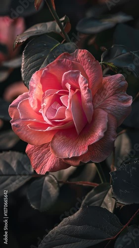 Close-up of a pink rose in natural light, romantic floral detail. Nature and beauty concept