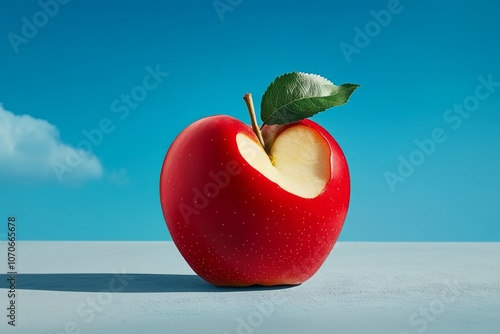 Minimalist image of a bitten apple, with just the shape and shadow on a plain surface photo