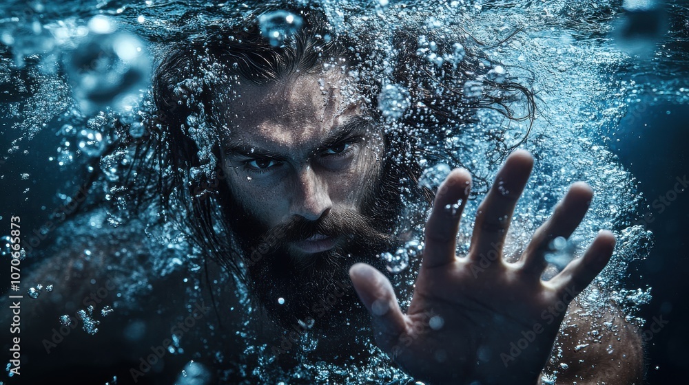 A man submerged in water looks directly at the camera, showcasing intense emotions as he reaches out with one hand through swirling bubbles. The play of light adds depth to the scene. A man submerged in water looks directly at the camera, showcasing intense emotions as he reaches out with one hand through swirling bubbles. The play of light adds depth to the scene.