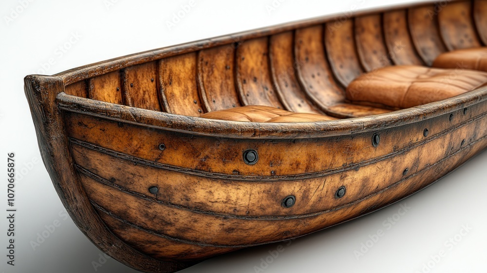 A detailed wooden boat with cushioned seats for leisure use. A detailed wooden boat with cushioned seats for leisure use.