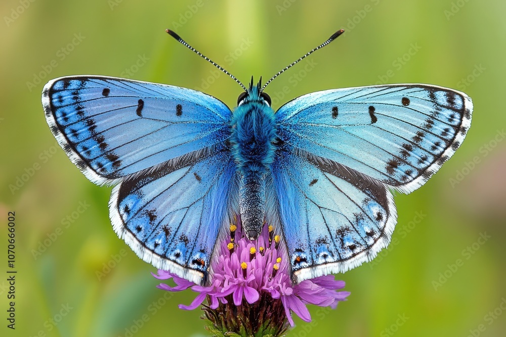 Fototapeta premium Blue Butterfly Resting on a Flower in Meadow