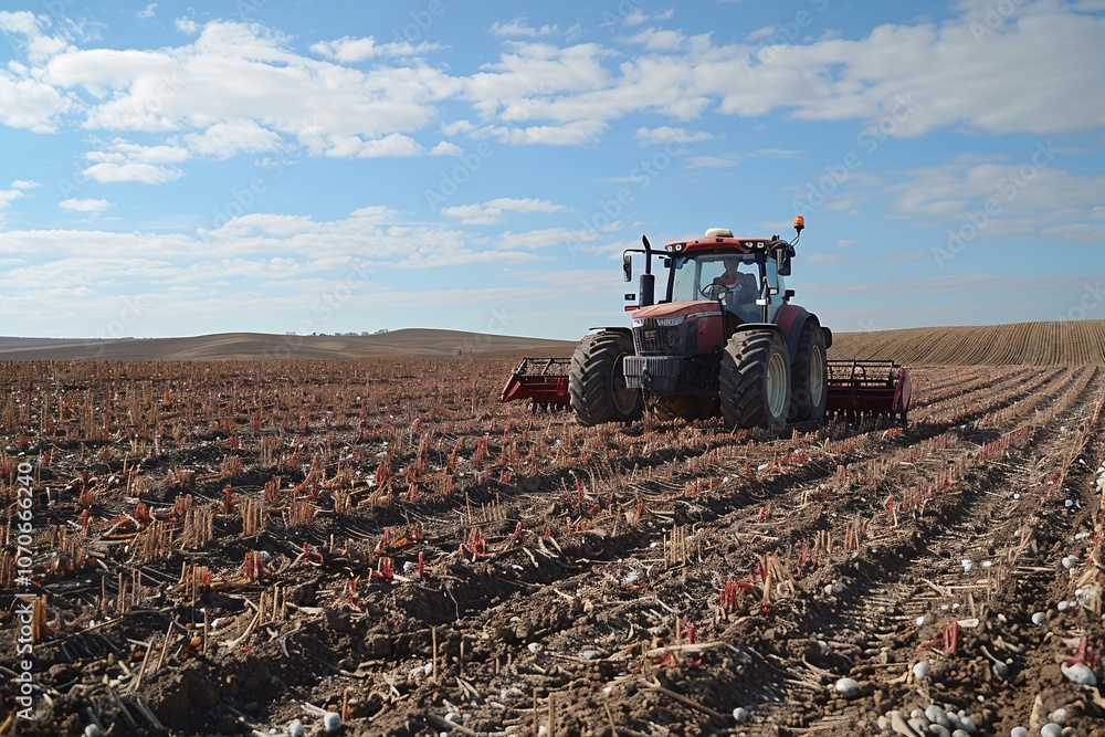 A red tractor is actively tilling a large agricultural field. The landscape features freshly cultivated soil with remnants of previous crops, set against a bright blue sky with scattered clouds A red tractor is actively tilling a large agricultural field. The landscape features freshly cultivated soil with remnants of previous crops, set against a bright blue sky with scattered clouds