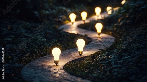 A series of light bulbs illuminating a winding path, representing the progression of ideas evolving into tangible innovations.