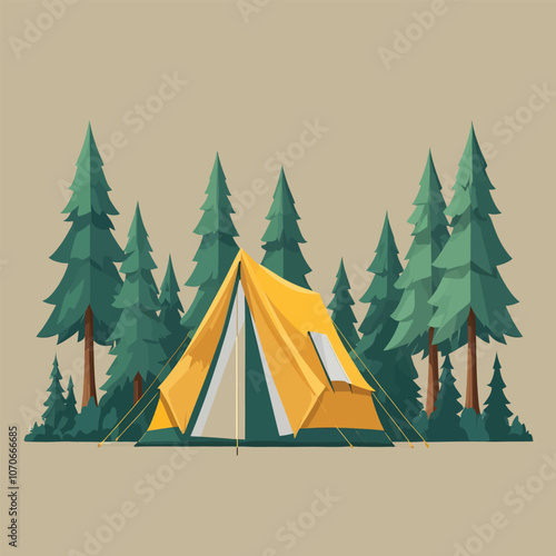High-quality vector icon of a cozy camping setup with a tent under two symmetrical trees, designed with golden ratio proportions. White background for easy transparency use.