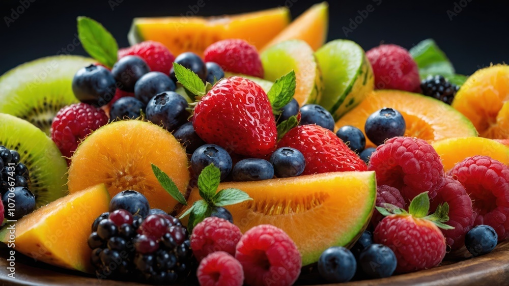 A vibrant fruit platter featuring assorted berries and melons, perfect for healthy snacking. A vibrant fruit platter featuring assorted berries and melons, perfect for healthy snacking.