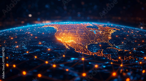 Dynamic digital world map emphasize Western Europe continental for AI powered global network connectivity big data transfer cyber technology network information exchange and telecommunication concept.