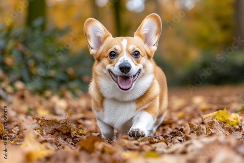 Realistic shot of a Corgi running in a park, capturing its short legs in motion and a big smile