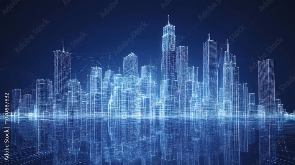 Futuristic digital city skyline with illuminated skyscrapers reflecting in water. Futuristic digital city skyline with illuminated skyscrapers reflecting in water.