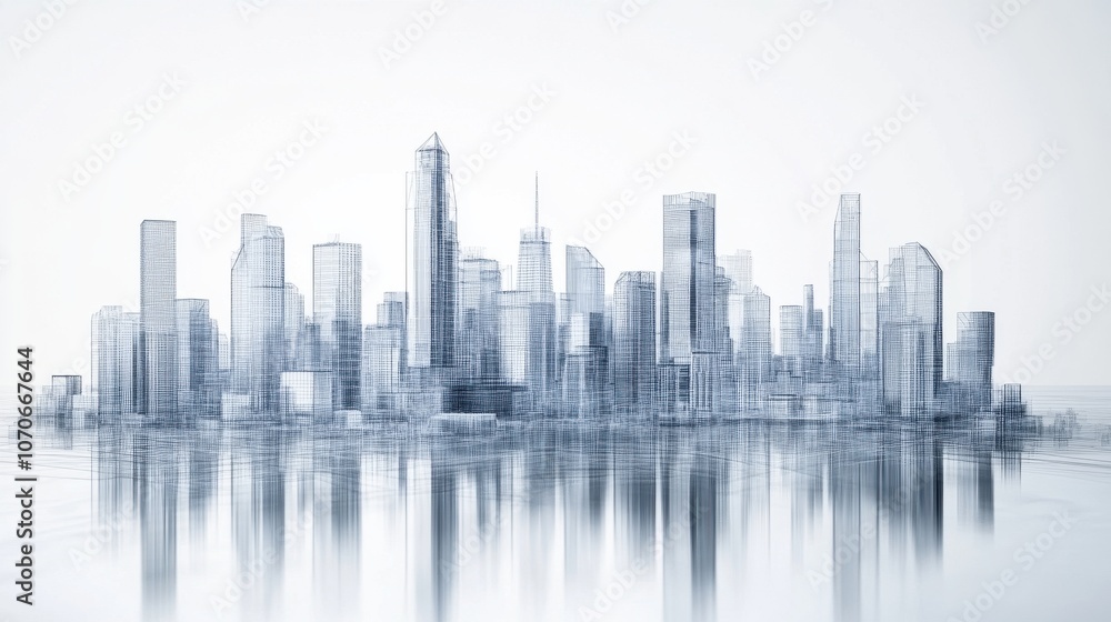 Fototapeta premium A digital outline of a modern city skyline, showcasing sleek skyscrapers and reflective water.