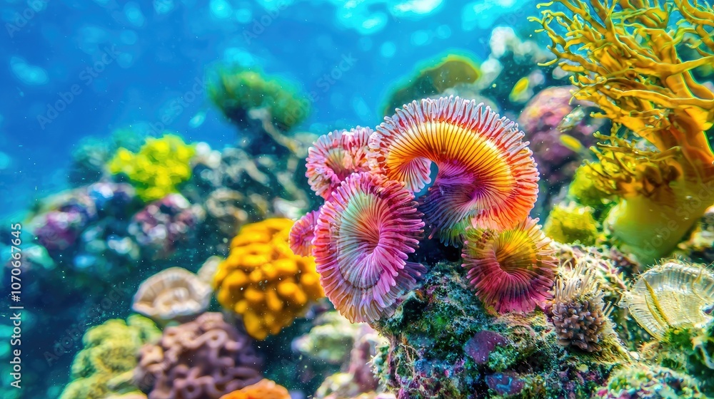 Obraz premium Vibrant coral reef teeming with life in a tropical ocean.