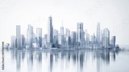 A digital outline of a modern city skyline, showcasing sleek skyscrapers and reflective water.