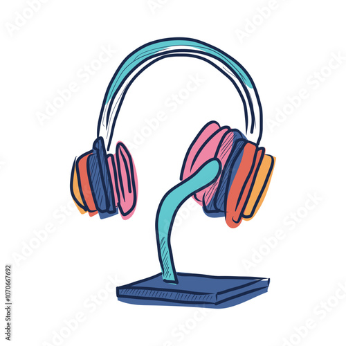 Headphones and mic stand in flat design. Headset and microphone for podcast. Vector illustration isolated.