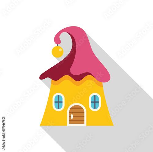 Charming gnome house showcases a whimsical design with a vibrant pink roof, a golden orb, and a welcoming wooden door, evoking a sense of fairytale enchantment