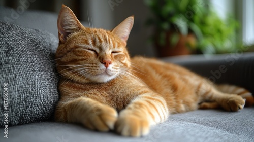 Wallpaper Mural A relaxed orange cat sleeping on a cozy gray couch. Torontodigital.ca