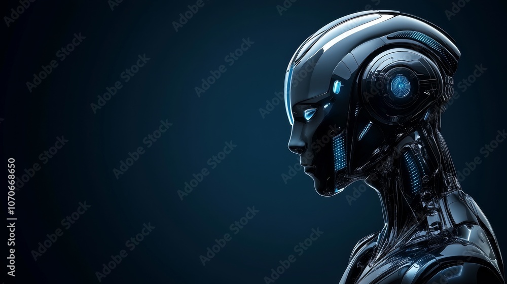 A futuristic robotic head in profile, showcasing advanced technology and sleek design. A futuristic robotic head in profile, showcasing advanced technology and sleek design.