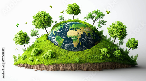 Ecology concept Green planet earth with tress world environment and earth day, Sustainable green Eco friendly creative idea concept design, isolated on white background.