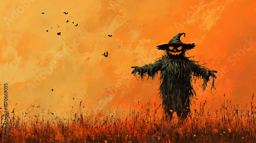 Halloween pumpkin scarecrow on a wide field on a scary day illustration.