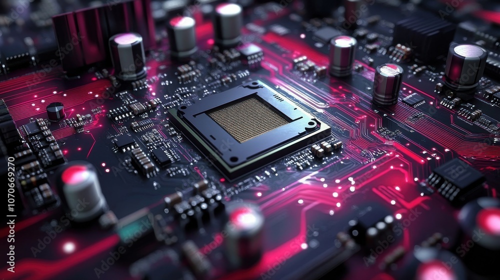 Close-up of a detailed microprocessor on a vibrant red and black circuit board. Close-up of a detailed microprocessor on a vibrant red and black circuit board.