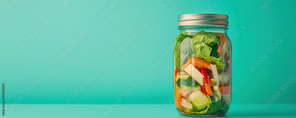 A colorful jar filled with fresh, chopped vegetables sits against a vibrant turquoise background, showcasing healthy eating and meal preparation. A colorful jar filled with fresh, chopped vegetables sits against a vibrant turquoise background, showcasing healthy eating and meal preparation.