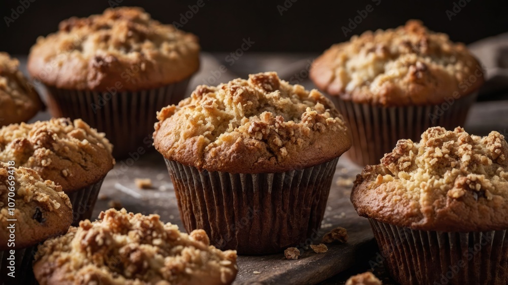 A close-up of freshly baked muffins with crumbly topping on a rustic surface. A close-up of freshly baked muffins with crumbly topping on a rustic surface.