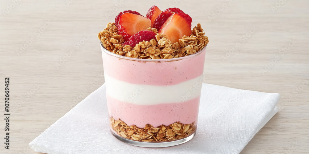 A colorful dessert layered with yogurt, granola, and fresh strawberries, served in a cup on a napkin. A colorful dessert layered with yogurt, granola, and fresh strawberries, served in a cup on a napkin.