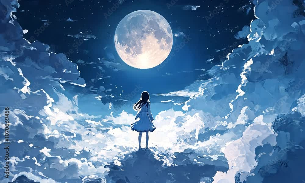 A Solitary Figure Gazing at the Full Moon Amidst a Sea of Clouds A Solitary Figure Gazing at the Full Moon Amidst a Sea of Clouds