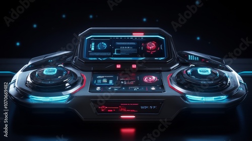 A futuristic control panel with glowing interfaces and dials, designed for advanced technology use.