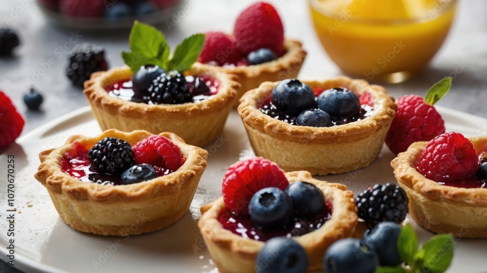 A plate of fruit tarts topped with berries, showcasing a delicious dessert presentation. A plate of fruit tarts topped with berries, showcasing a delicious dessert presentation.